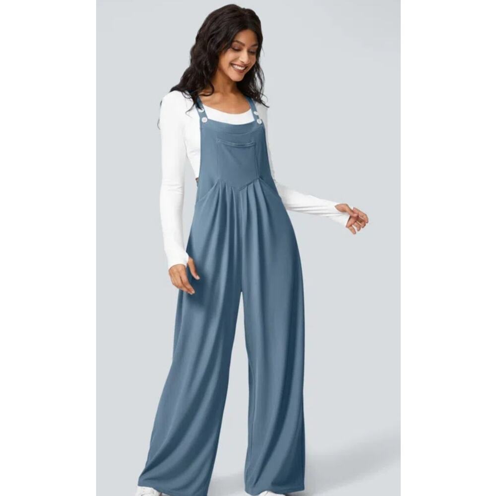 Halara Waffle Slate Blue Overalls Dungarees Casual Jumpsuit  Lagenlook Womens XL
